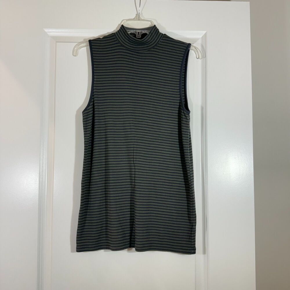 GAP Striped Ribbed Mock Neck Tank Olive Navy Sz L